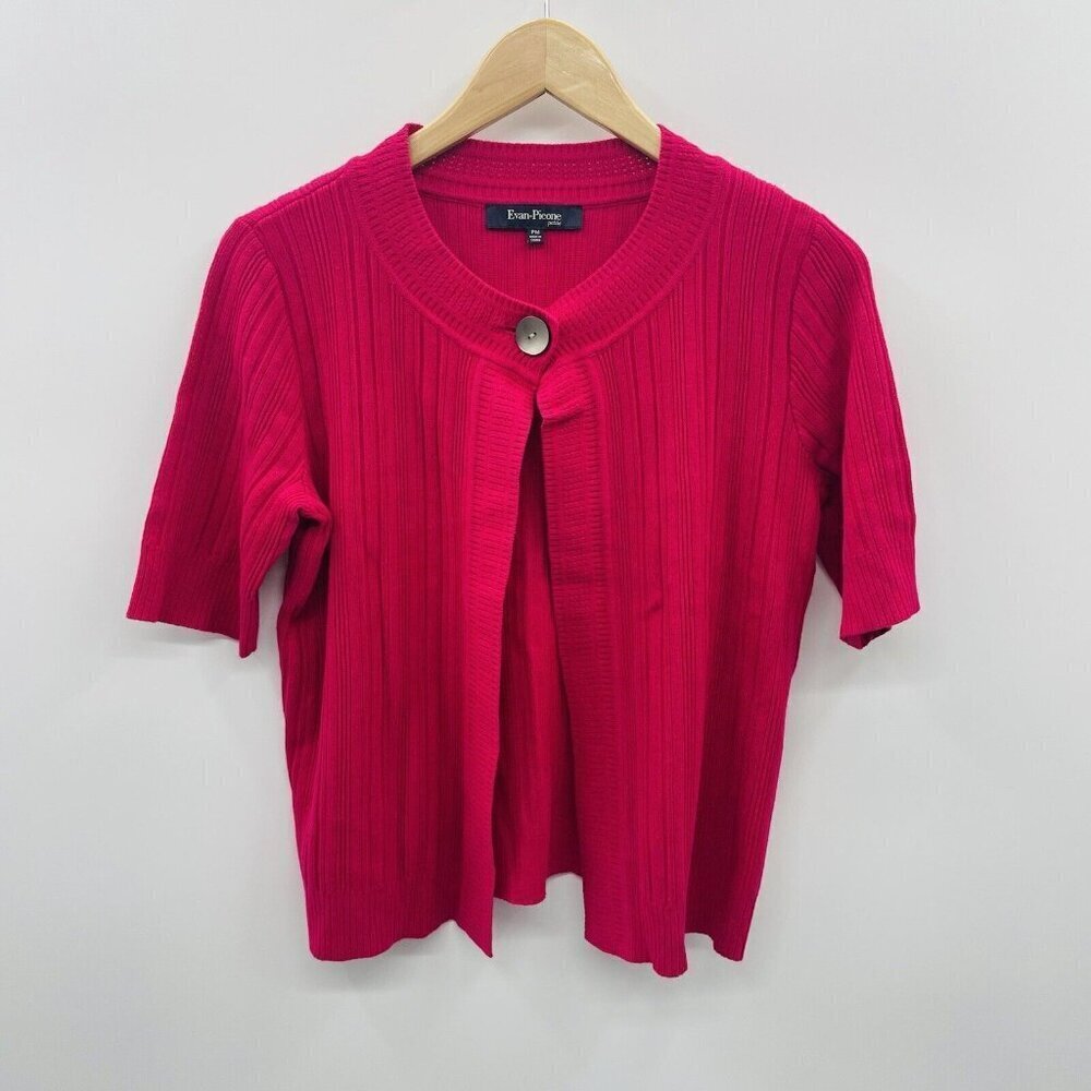 Evan Picone Petite Womens PM Medium Ribbed Short Sleeve Cardigan Sweater in Pink